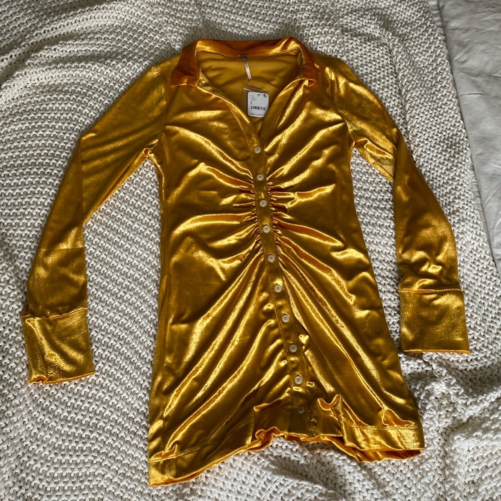 Free People Velvet Mustard Yellow Ruched Mini Dress size Small
